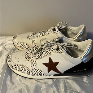 White Sneakers with Brown Star and Silver Accents